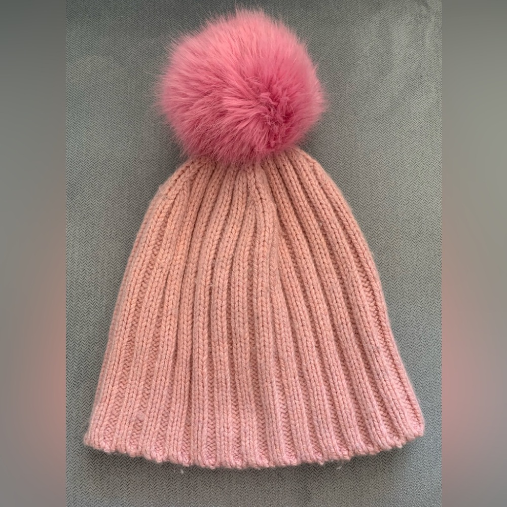Jcrew pink cozy ribbed knit wool winter hat with pom pom
